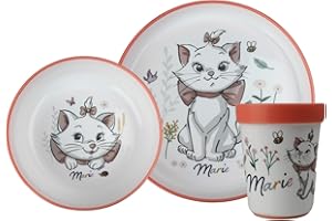THERMOBABY Coffret Repas - 3 Pièces Premium Gobelet - Bol - Grande Assiette - Anti-Dérapants - Léger - Pratique - +10 Mois -DISNEY Baby Aristochats Marie, Blanc [White]