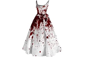KOBILEE Costume d'halloween pour Femme, Robe Midi, avec Imprimé Sanglant, DéContracté, Col Rond, Sexy, sans Manches, Bretelles Spaghetti, Robes de FêTe, Robes de Cocktail