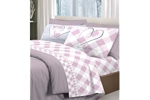 BIANCHERIASTORE NEW STYLE AT HOME Set Lenzuola Letto Fantasia Cuori Quadretti | Completo in Cotone Made in Italy Stampa Colori Pastello | Lenzuolo sopra + sotto con Angoli + Federa/e double - Letto Una piazza e mezza - Rosa