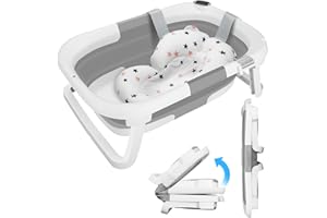 Mkitnvy Bañera Bebe con Termómetro, Bañera Plegable Bebé con Almohadilla de Baño Antideslizante e Tapón de Ducha, Ergonómico, Ahorra Espacio, para Bebés de 0 a 36 Meses (A)