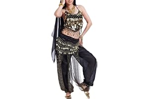 VRITRAZ Women's Chiffon Belly Dance Chiffon Top, Harem Pants and Hip Scarf Ringy Golden Coins Fancy Pants