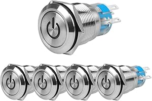 Larcele 19mm Momentaneo Pulsante Metallo con Indicatore Luce,DIY Pulsante On/Off,Simbolo di Potenza,Impermeabile,5 pezzi JSANKG-10(Luz Blu)