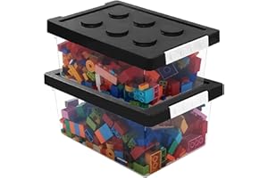 Greentainer Toy Storage Organizer Bins with Lid - Stackable Plastic Organizer Box Set of 2, Kids Toy Chests with Building Baseplate and Lid, Storage Container for Building Bricks & Toys(Black)