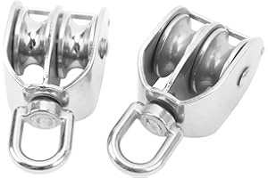 HYUDUO 2PCS Stainless Steel Double Pulley Block M32 with 360° Rotation, Large Load Capacity Quiet Snatch Block for Cable Lifting and Rigging