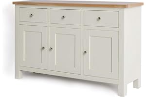 RoselandFurniture Farrow Cream Sideboard for Living Room Large Storage Cabinet with Oak Top | Fully Assembled Painted 3 Door Solid Wooden Cupboard with 3 Drawers for Hallway or Dining Room