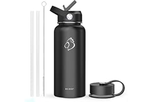 BUZIO Insulated Water Bottle with Straw, 1L Stainless Steel Water Bottle with Straw Lid and Flex Cap Cold for 48 Hrs, Hot for 24 Hrs Double Wall Wide Mouth BPA Free Leak Proof, Black