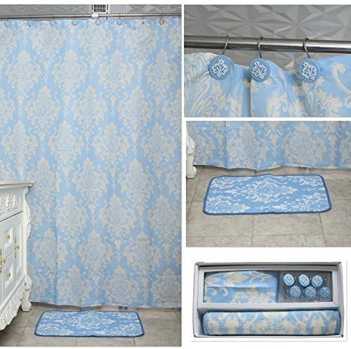 Uomere Bathroom Shower Curtain Waterproof and Mildewproof Polyester Fabric Decorative with 12 PCS hooks,1 PCS bath rug ,72''W x 72''L (Blue Floral)
