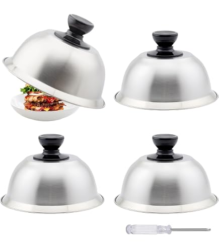 Set De 4 Cloches De Cuisson Inox + Tournevis - Pour Hamburgers, Steaks, Fromage (16cm) - Poignée Anti-chaleur - 7