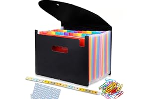 CHILLSILA File Organiser, A4 Document Organiser 24 Pockets, Twill Expanding Accordion Filing Folders, File Storage Box with Lid, Labels and Clips (Black-C)