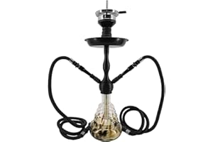 ‎RMAN RMAN Shisha Set Wasserpfeife 2 Schläuche Hookah 2 Anschlüssen 55cm Shisha Komplett mit Steckbowl Tonkopf Edelstahl Tauchrohr Closed Chamber Schwarz