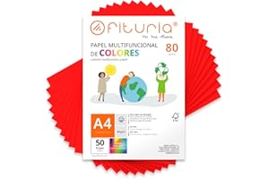 OFITURIA Feuilles de couleur, Pack 50 Feuilles A4 80gr – Papier couleur pour loisirs créatifs, imprimante, scrapbooking – Feuilles colorées – Idéal pour origami, pliage, bureau et école (Rouge, 50h)