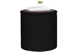 Bonlife Round Ottoman Stool with Storage, Folding Footstool with Lid,Boucle Vanity Stool for Living Room,Bedroom,Entryway,Black,43x43x45cm