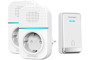 TECKNET Türklingel Batterielose, Steckdosen-Funkklingel Wasserdicht Drahtloses Funk Türklingel mit 2 EU-Steckdose, 400m, 60 Laute Melodien, 5 Lautstärke Stufen, LED-Blinken
