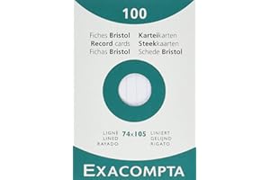 Exacompta - Ref 13800B - Bristol Lined Record Cards (Pack of 100) - A7 in Size, 205gsm Card, Compatible with Printers - Suitable for Exam Revision & Notes - White