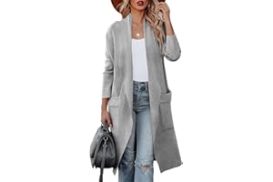 Uusollecy Kardigan damski z długim rękawem, drapowany, otwarty przód, długi kardigan z kieszeniami