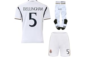 Hawkara R. Madrid Bellingham #5 2023/2024 - Juego de calcetines y pantalones cortos de fútbol para niños, tallas juveniles (blanco)