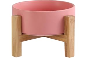 HCHLQLZ Rosa Ciotole per Gatti Ciotola Gatto Ciotole per cani con Supporto in Bambù - Ciotole per Gatti Rialzate in Ceramica per Cibo Acqua 400ML - Perfetta per Gatto Cani Piccoli e Animali Domestici