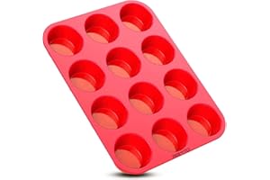 PROBYTES Muffin Silicone Trays for 12 Muffins, Non Stick Baking Tray Dishwasher & Oven Safe for Cupcakes, Pudding Mould, Brownies, Muffins Yorkshire (Red Silicone Tray)
