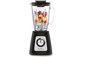 Moulinex Batidora de vaso Blendforce 2 - Jarra de vidrio 1,25 L útil, potencia 800 W, bloqueo inteligente, picadora hielo, smoothies, sopas, salsas, cremas para untar, granizados, color negro, LM4308
