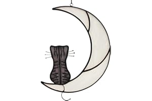 HAOSUM Grey Tabby Cat Gift,Tabby Cat on White Moon Decor Gift for Cat Lover,Gray Cat on Moon Sun Catcher Stained Glass Window Hanging Cat Decorations Gift for Women,Friends