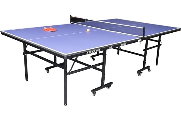 Table de ping-Pong d'intérieur Professionnelle Techfit - Pliante d'intérieur avec Inclinaison unilatérale, Cadre en métal Noir, Filet de 180 cm, roti en Silicone avec Freins, 274x152. 5x76cm