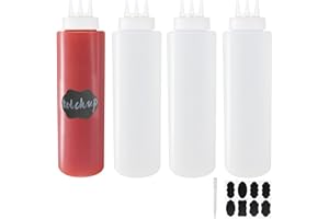 Belinlen 4 Pack 32oz/1000ml Plastic Squeeze Sauce Bottles, 3-Hole Squirt Condiment Squeezy Bottles Plastic Squeeze Dispensers with Measurements for Ketchup BBQ Dressing Paint Workshop Art Craft