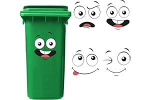 Nezyo 4 Sheets Wheelie Bin Stickers Adhesive Cartoon Expressions Dustbin Decal Decorative Wall Stickers Eyes and Mouth DIY Large Decal for Fridge Bins Wall, Indoor Outdoor(Cute Style)