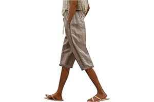 Keepink Women's Cotton Linen Shorts Elastic Waist Knee Length Summer Shorts Plus Size Casual Long Shorts Ladies Bermuda Shorts Solid Wide Leg Beach Vacation Shorts Trendy 2024