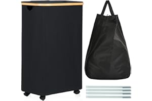 ROSOS Wäschekorb mit Rollen, 105L Wäschekorb mit Deckel mit Herausnehmbaren Wäschesack, Wäschesammler mit Rollen und Bambusgriff, Wasserdichter Faltbarer Wäschekorb mit Deckel, Schwarz