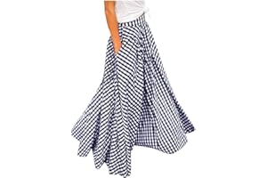 Sanahy Women Mopping Floor Length Big Hem Vintage Plaid Beach High Waist Maxi Skirt Party A-Line Big Hem Long Skirt with Pockets
