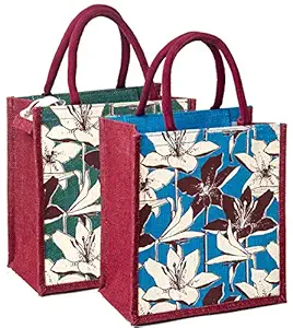 H&B Jute bag for lunch ? lunch bags for women, lunch bags for kids, lunch bag for men, lunch box bag, tiffin bag, lunch bags for office ? ZIP, BOTTLE HOLDER - Lily (Combo of 2 - Blue, Green)
