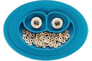 ezpz Mini Mat (Blue) - 100% Silicone Suction Plate with Built-in Placemat for Infants + Toddlers - First Foods + Self-Feeding - Comes with a Reusable Travel Bag - 6 Months+