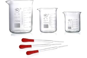 Yizerel Glass Beakers, Pack of 6 Low Form Glass Measuring & Droppers Set, 3 Graduated Griffin Beakers in 3 Sizes with Scales, 250ml, 100ml, 50ml, 3 Droppers Without Scales (3ml per Drop)
