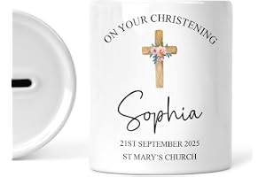 Personalised Christening Money Box with Name Date & Church - Ceramic Piggy Bank - Baptism Keepsake for Baby Boy or Girl