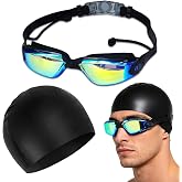 KASESSS Set of Swimming Goggles Anti-fog and Pool Hat, Swimming Goggles Men Women 170&deg; Panoramic Vision with Integrated Ear P