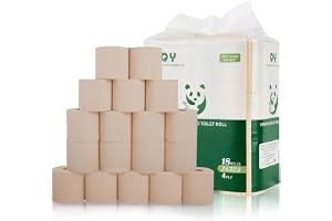 QingYa Toalettpapper i bambu, 4 lager, 18 rullar, 200 ark per rulle, totalt 3 600 ark, oblekt, hållbart och trädfritt, mjukt