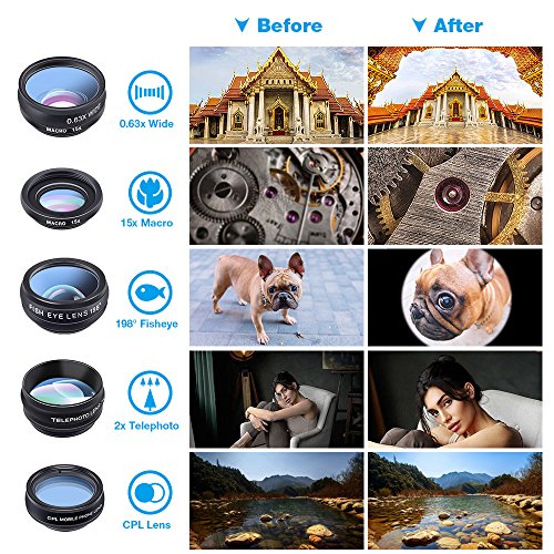 APEXEL 11 in 1 Phone Kit obiettivo fotocamera Wide Angel & Macro Lens + Obiettivo fisheye + Teleobiettivo + CPL / Flow / Radial / Star Filter + Obiettivo caleidoscopio + Otturatore Bluetooth per iPhone Samsung Huawei HTC e la maggior parte degli smartphone Andriod