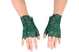 Whakano 1 Paar Damen Fingerlose Spitzen Handschuhe,Kurze Hochzeitshandschuhe,Kurz Geschnittene Fingerlose Gloves Damen Mädchen Braut,für Halloween,Bankett,Party,Hochzeit,Tea Party Zubehör,Dunkelgrün