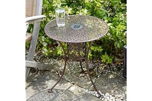 Garden Mile Solar Powered Patio Table – 60cm Tall Round Garden Side Table with Moroccan Style Cut-Out, Outdoor LED Light, Metal Frame, Portable Patio Table for Decking & Porch