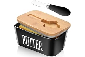 CCHONG Ceramic Butter Dish with Lid and Knife Porcelain Butter Container with Butter Cutter Butter Knife Easy Spread Kitchen Accessories Tableware (Black)