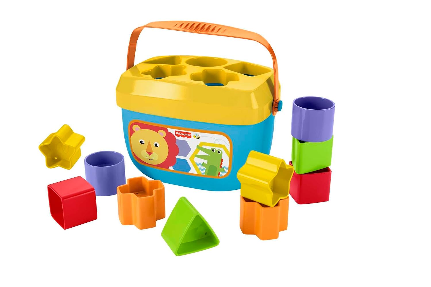 Fisher-Price Eerste Blokken voor Baby's, Babyspeelgoed | Stapelset met 10 vormen en opbergemmer, sorteerspel vanaf 6 maanden, FFC84