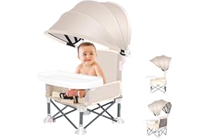 Little Bean Foldable Baby Booster Seat Dining Chair with Detachable Sunshade Travel Portable with Removable Tray for Indoor Outdoor Open Sit Folding Booster Feeding/Camping Chair for Toddler (Beige)