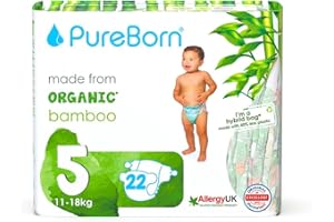 PureBorn Eco Bio-Bambus Windeln, Größe 5 (11-18 kg), 22 Stück, Umweltfreundlich, Hypoallergen, Ultraweich, mit Nässeindikator, Diverser Aufdruck