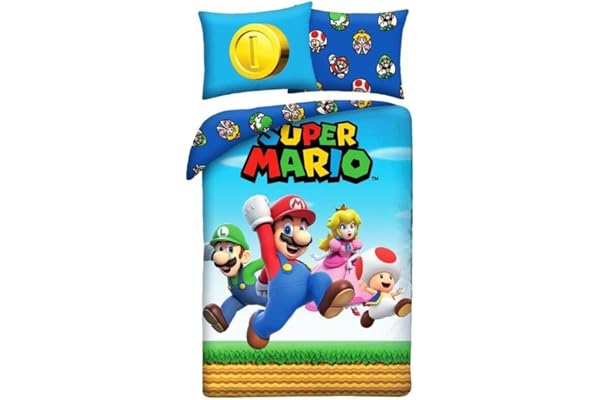 Super Mario Enkelsäng Påslakan 140x200 + Örngott Mario Luigi Peach Toad | Vändbart sängset | Ultramjuk mikrofiber snabbtorkande Oeko-Tex | Actionhopp Mushroom Kingdom