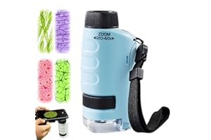 FLOSSTY Microscope Enfant Portable, 60x - 120x Microscope de Poche Éclairé par LED, Mini Scope pour étudiants avec 12 Lames, Petit Scope Enfant pour l'observation Biologique (Bleu)
