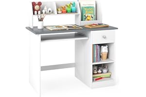 GOPLUS Escritorio Infantil de Madera con Cajón, Mesa Juvenil con 4 Estantes Abiertos, Bandeja para Teclado, 3 en 1 Escritorio para Niños con Dispositivo Antivuelco, 90 x 45 x 90 cm (Gris)