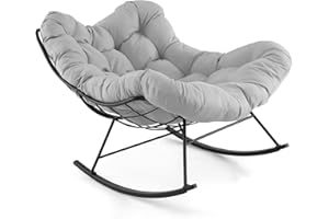 COSTWAY Outdoor Rocking Chair, Oversized Patio Wicker Egg Chair with Thick and Removable Cushion, Rattan Comfy Rocking Lounge Chairs for Living Room, Balcony & Yard (Light Grey, 110 x 95 x 94 cm)