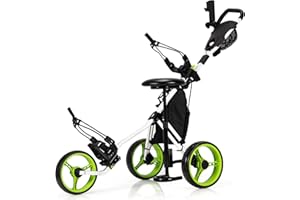 COSTWAY Carro de Golf con 3 Ruedas y Plegable, Carrito de Golf a Empujar con 4 Posiciones Regulables en Altura, Porta Paraguas Regulable y Asiento, Bolsa, Porta Bebidas, Freno de Pedal