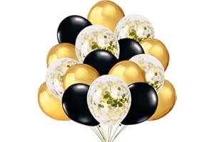 JONAMI Decoration Nouvel An 2026 – 50 Ballons Or Noir Confettis. 40 Ballons de Baudruche Or et Noir +10 Ballons Latex Transparent avec Confettis d'Or pour Deco Anniversaire, Fête Mariage