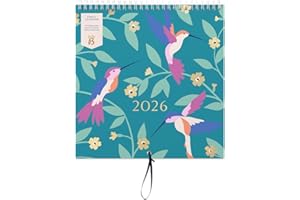 Busy B - Grand calendrier mural familial 2026 - Calendrier mensuel pour avec 5 colonnes et pochettes de rangement avec des autoorthercollants à code couleur pour - 23.5 x 25.5cm - Oiseaux